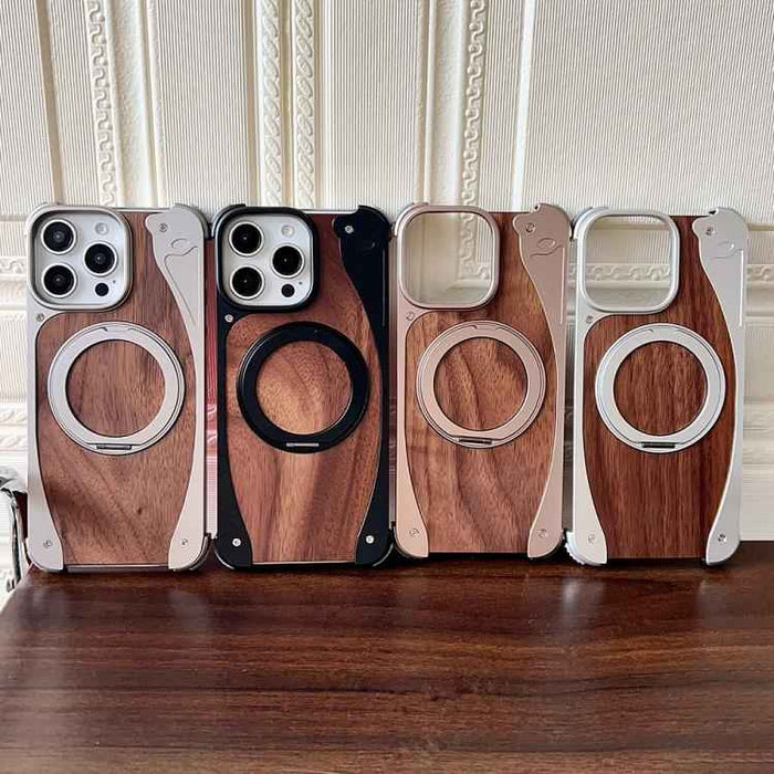 For iPhone 16 Pro Walnut Metal Frameless 360 Degree Rotation Holder MagSafe Phone Case(Silver)