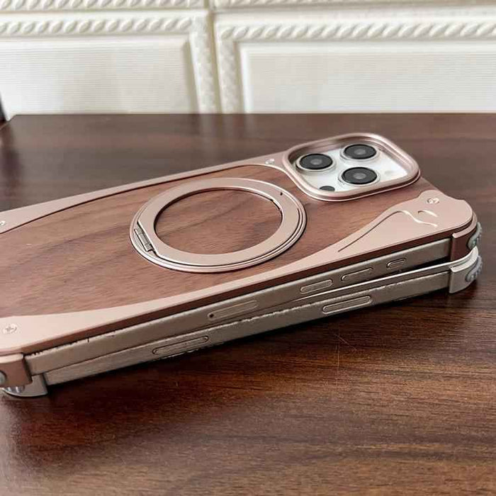 For iPhone 16 Pro Walnut Metal Frameless 360 Degree Rotation Holder MagSafe Phone Case(Silver)