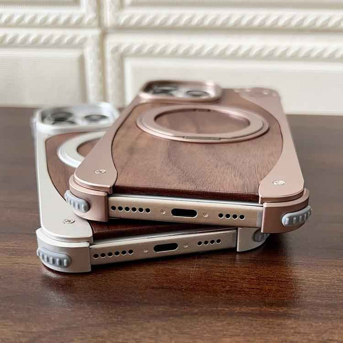 For iPhone 16 Pro Walnut Metal Frameless 360 Degree Rotation Holder MagSafe Phone Case(Silver)