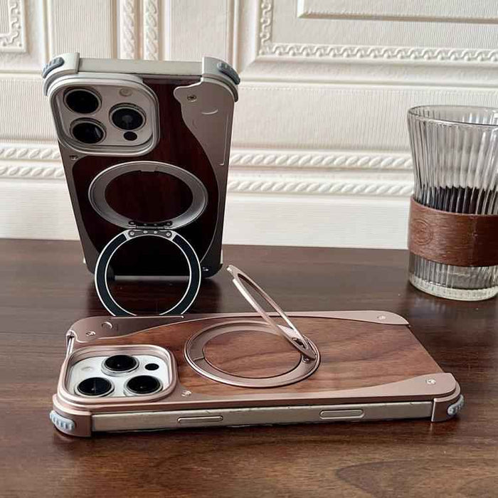 For iPhone 16 Pro Walnut Metal Frameless 360 Degree Rotation Holder MagSafe Phone Case(Silver)