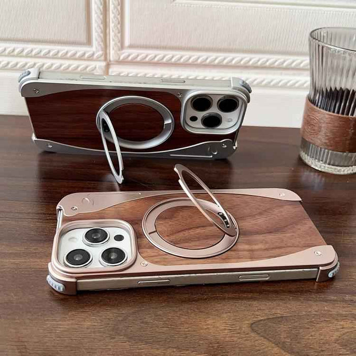For iPhone 16 Pro Walnut Metal Frameless 360 Degree Rotation Holder MagSafe Phone Case(Silver)