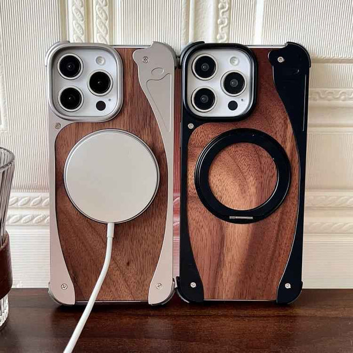 For iPhone 16 Pro Walnut Metal Frameless 360 Degree Rotation Holder MagSafe Phone Case(Silver)