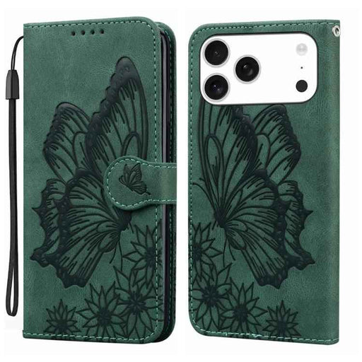 For iPhone 17 Pro Max Retro Skin Feel Butterflies Embossing Horizontal Flip Leather Phone Case(Green)