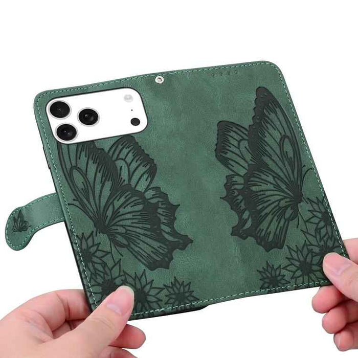 For iPhone 17 Pro Max Retro Skin Feel Butterflies Embossing Horizontal Flip Leather Phone Case(Green)