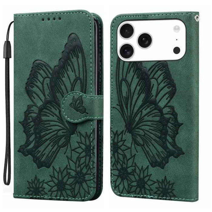 For iPhone 17 Pro Max Retro Skin Feel Butterflies Embossing Horizontal Flip Leather Phone Case(Green)