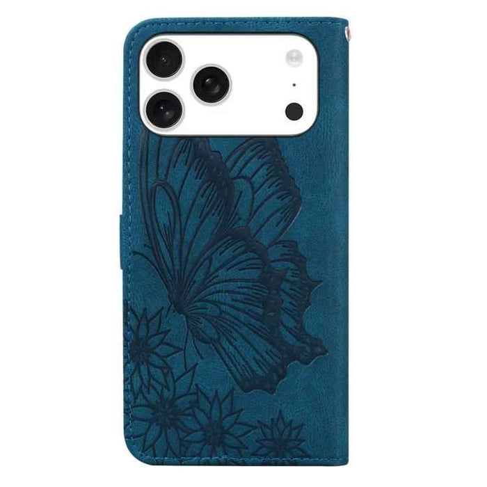 For iPhone 17 Pro Max Retro Skin Feel Butterflies Embossing Horizontal Flip Leather Phone Case(Blue)