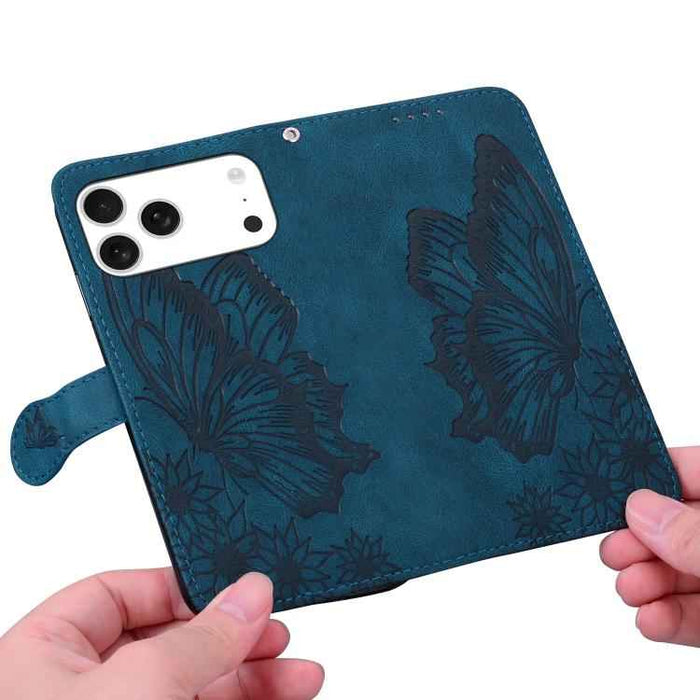 For iPhone 17 Pro Max Retro Skin Feel Butterflies Embossing Horizontal Flip Leather Phone Case(Blue)