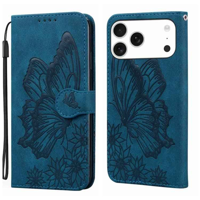 For iPhone 17 Pro Max Retro Skin Feel Butterflies Embossing Horizontal Flip Leather Phone Case(Blue)