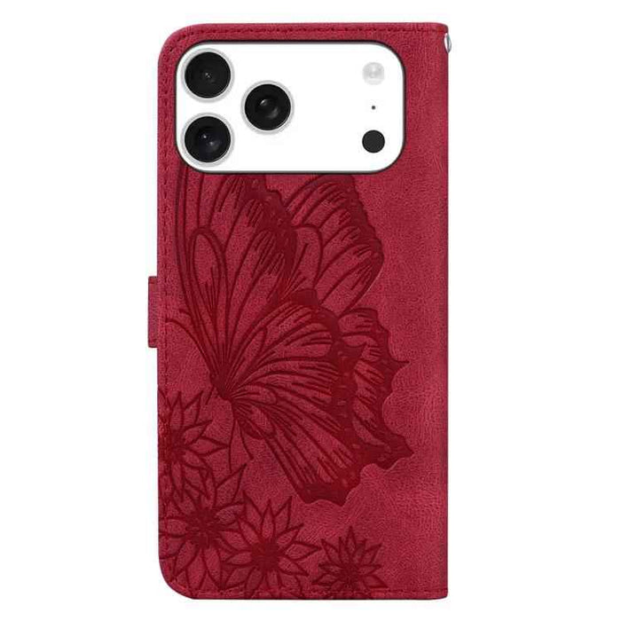 For iPhone 17 Pro Max Retro Skin Feel Butterflies Embossing Horizontal Flip Leather Phone Case(Red)