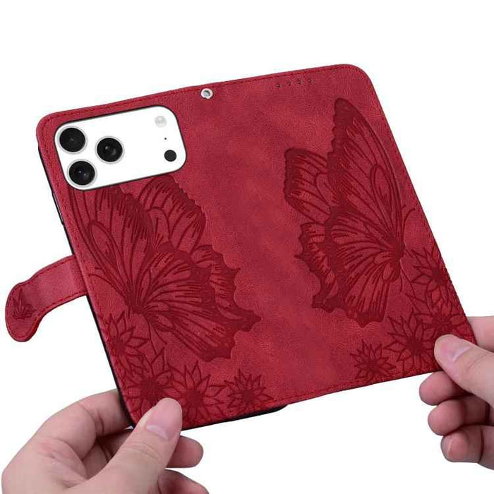 For iPhone 17 Pro Max Retro Skin Feel Butterflies Embossing Horizontal Flip Leather Phone Case(Red)