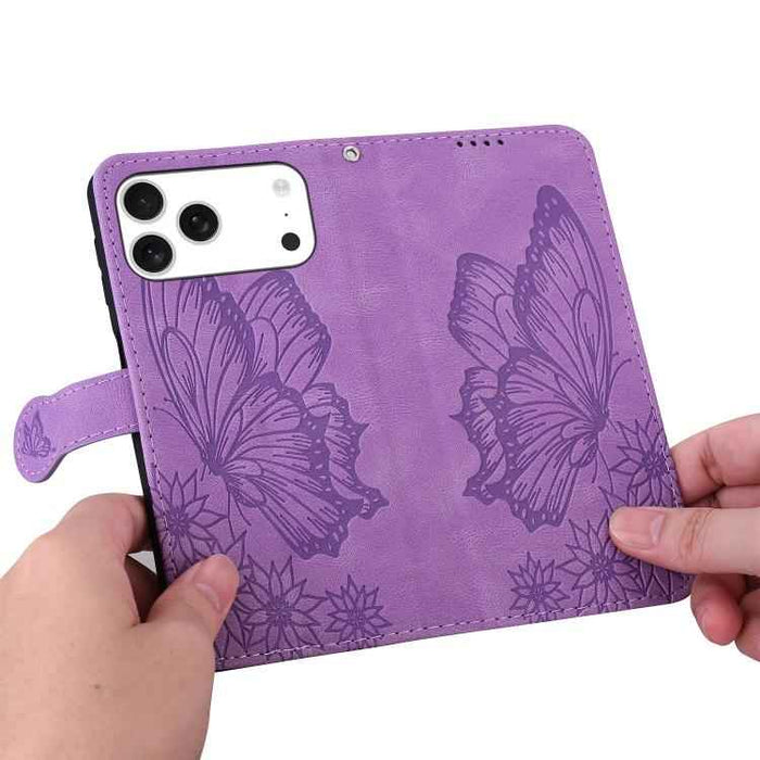For iPhone 17 Pro Retro Skin Feel Butterflies Embossing Horizontal Flip Leather Phone Case(Purple)