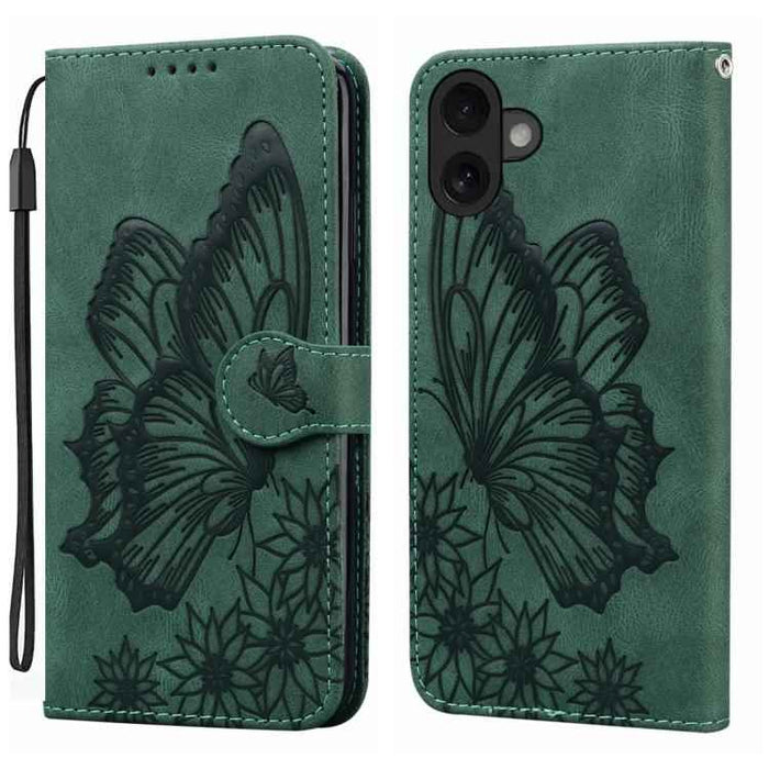 For iPhone 17 Retro Skin Feel Butterflies Embossing Horizontal Flip Leather Phone Case(Green)