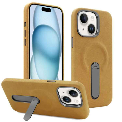 For iPhone 15 VIETAO Suede MagSafe PU Leather Phone Case with Holder(Light Brown)