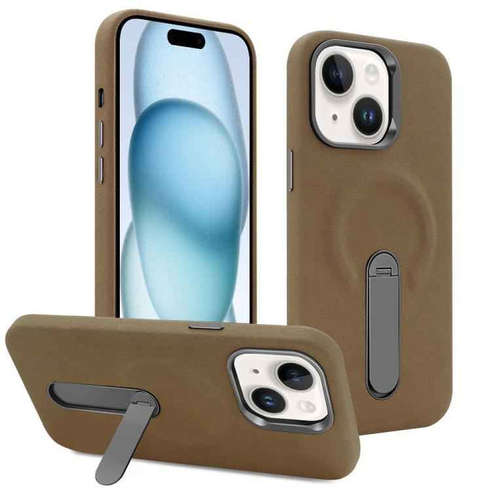 For iPhone 15 VIETAO Suede MagSafe PU Leather Phone Case with Holder(Dark Brown)