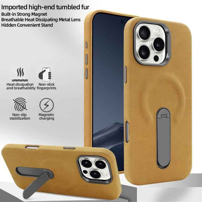 For iPhone 15 VIETAO Suede MagSafe PU Leather Phone Case with Holder(Light Brown)