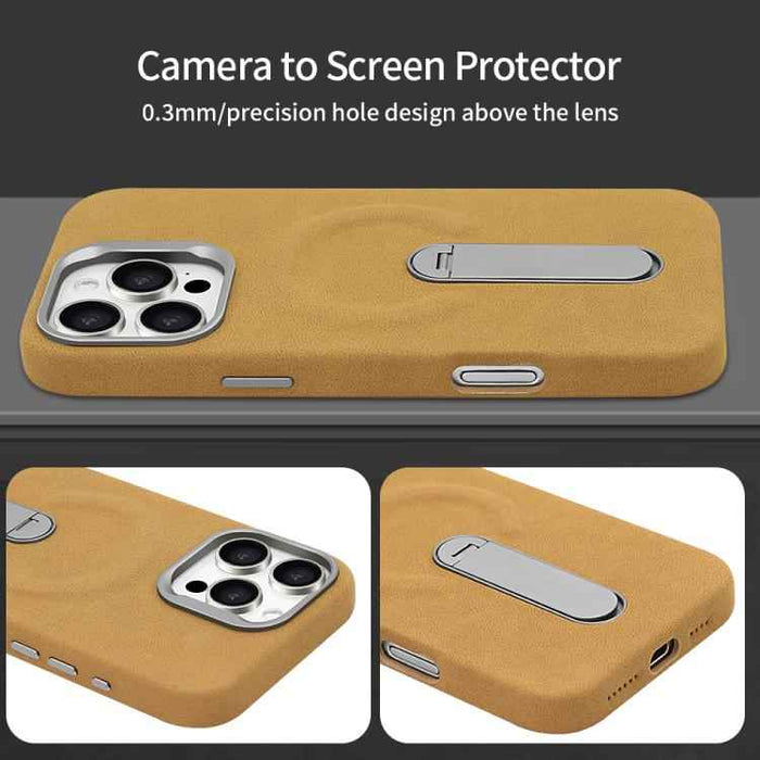 For iPhone 15 VIETAO Suede MagSafe PU Leather Phone Case with Holder(Dark Brown)