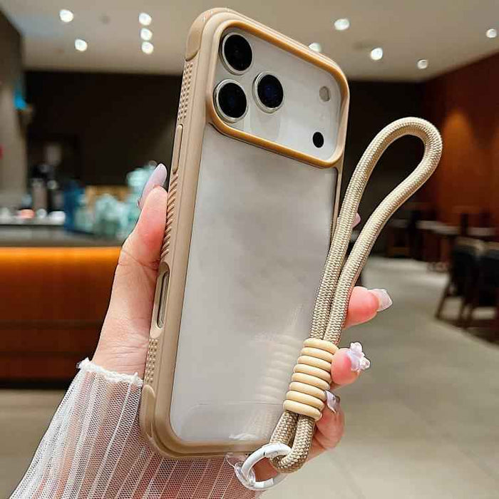 For iPhone 17 Pro Max Solid Color Edge Transparency Acrylic TPU Phone Case with Wrist Strap(Brown)
