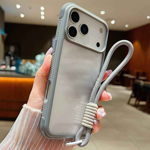 For iPhone 17 Pro Max Solid Color Edge Transparency Acrylic TPU Phone Case with Wrist Strap(Grey)