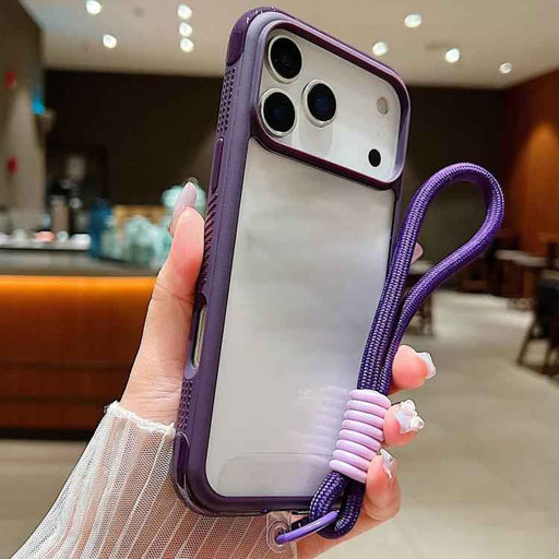 For iPhone 17 Pro Max Solid Color Edge Transparency Acrylic TPU Phone Case with Wrist Strap(Dark Purple)