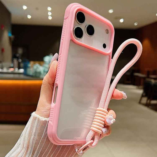 For iPhone 17 Pro Max Solid Color Edge Transparency Acrylic TPU Phone Case with Wrist Strap(Pink)