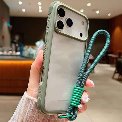 For iPhone 17 Pro Max Solid Color Edge Transparency Acrylic TPU Phone Case with Wrist Strap(Army Green)