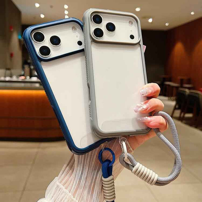 For iPhone 17 Pro Max Solid Color Edge Transparency Acrylic TPU Phone Case with Wrist Strap(Dark Purple)