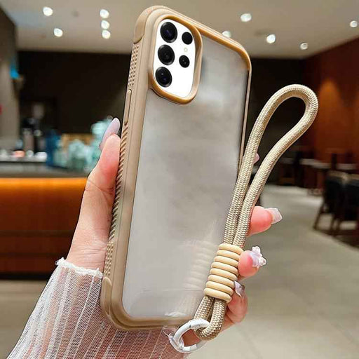 For Samsung Galaxy S25 Ultra / S24 Ultra 5G Solid Color Edge Transparency Acrylic TPU Phone Case with Wrist Strap(Brown)
