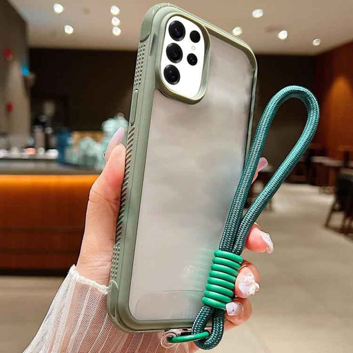 For Samsung Galaxy S25 Ultra / S24 Ultra 5G Solid Color Edge Transparency Acrylic TPU Phone Case with Wrist Strap(Army Green)