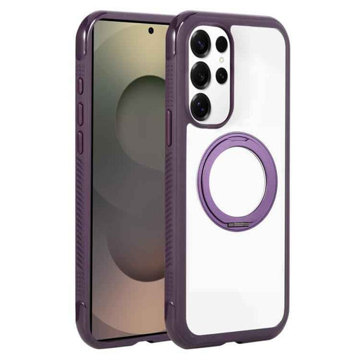 For Samsung Galaxy S25 Ultra / S24 Ultra 5G Solid Color Edge Transparency Rotation Holder MagSafe Phone Case(Dark Purple)
