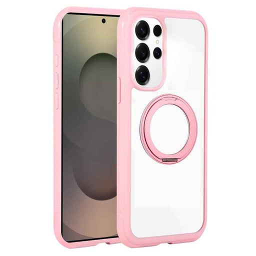 For Samsung Galaxy S25 Ultra / S24 Ultra 5G Solid Color Edge Transparency Rotation Holder MagSafe Phone Case(Pink)