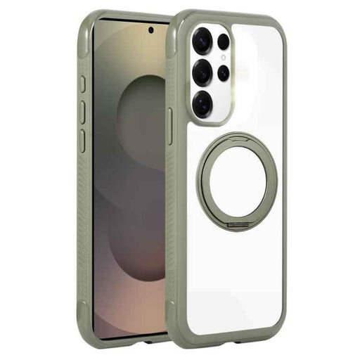 For Samsung Galaxy S25 Ultra / S24 Ultra 5G Solid Color Edge Transparency Rotation Holder MagSafe Phone Case(Army Green)