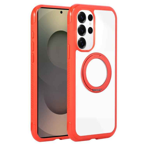 For Samsung Galaxy S25 Ultra / S24 Ultra 5G Solid Color Edge Transparency Rotation Holder MagSafe Phone Case(Red)