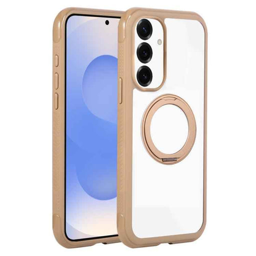 For Samsung Galaxy S25 / S24 5G Solid Color Edge Transparency Rotation Holder MagSafe Phone Case(Brown)