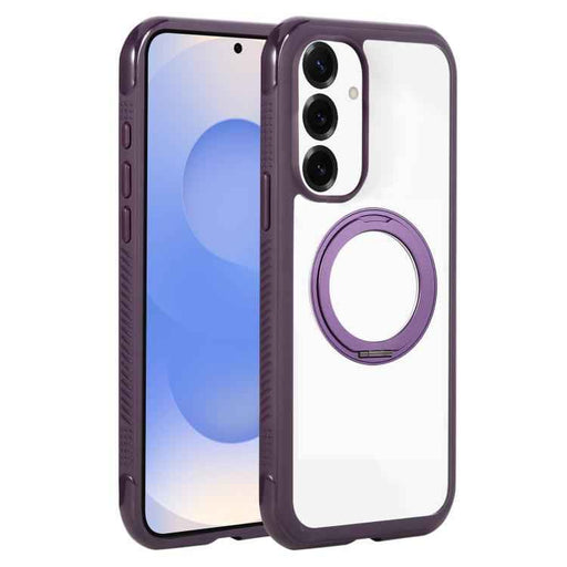 For Samsung Galaxy S25 / S24 5G Solid Color Edge Transparency Rotation Holder MagSafe Phone Case(Dark Purple)