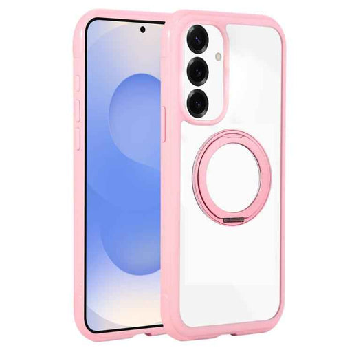 For Samsung Galaxy S25 / S24 5G Solid Color Edge Transparency Rotation Holder MagSafe Phone Case(Pink)
