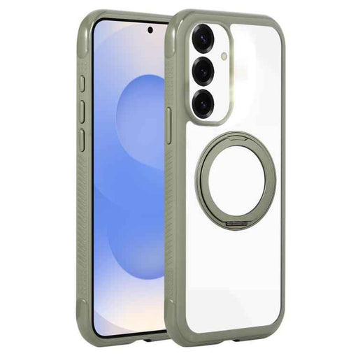 For Samsung Galaxy S25 / S24 5G Solid Color Edge Transparency Rotation Holder MagSafe Phone Case(Army Green)