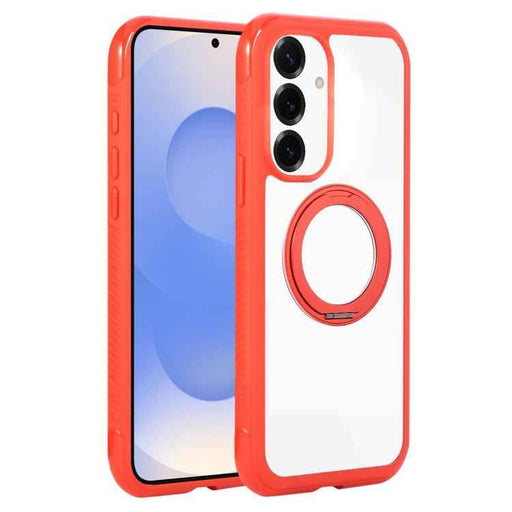 For Samsung Galaxy S25 / S24 5G Solid Color Edge Transparency Rotation Holder MagSafe Phone Case(Red)