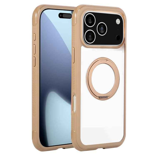 For iPhone 17 Pro Max Solid Color Edge Transparency Rotation Holder MagSafe Phone Case(Brown)