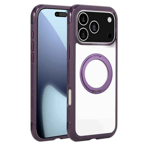 For iPhone 17 Pro Max Solid Color Edge Transparency Rotation Holder MagSafe Phone Case(Dark Purple)