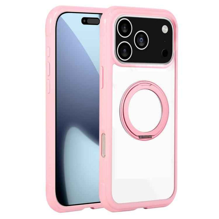 For iPhone 17 Pro Max Solid Color Edge Transparency Rotation Holder MagSafe Phone Case(Pink)