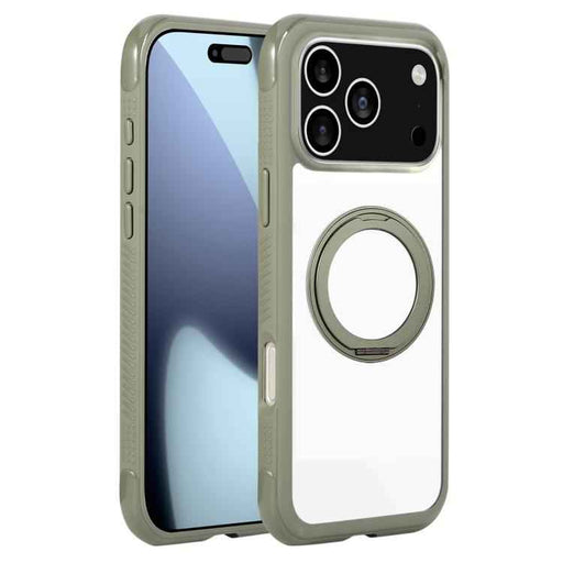 For iPhone 17 Pro Max Solid Color Edge Transparency Rotation Holder MagSafe Phone Case(Army Green)