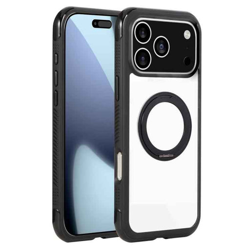 For iPhone 17 Pro Max Solid Color Edge Transparency Rotation Holder MagSafe Phone Case(Black)