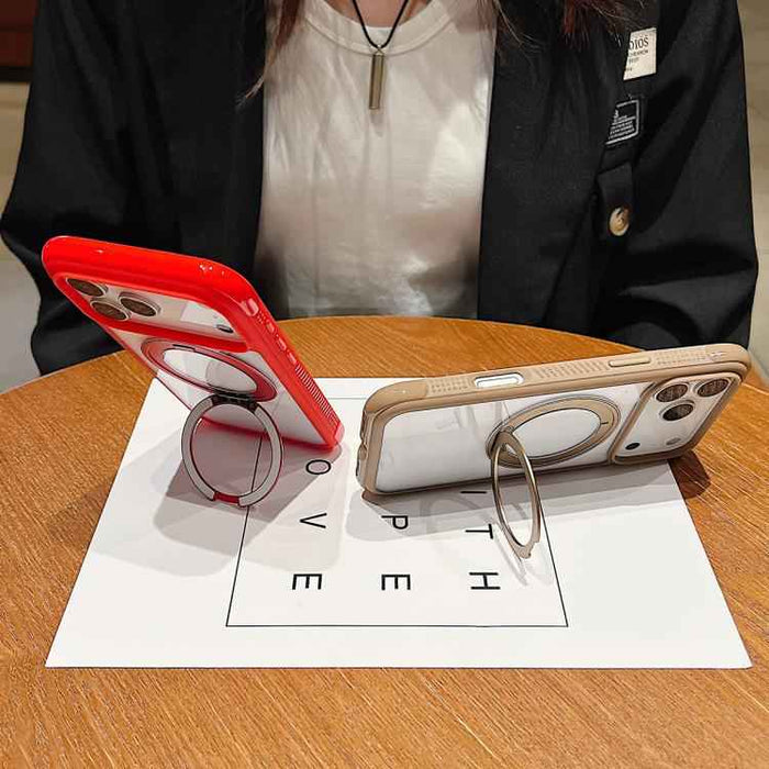 For iPhone 17 Pro Max Solid Color Edge Transparency Rotation Holder MagSafe Phone Case(Pink)