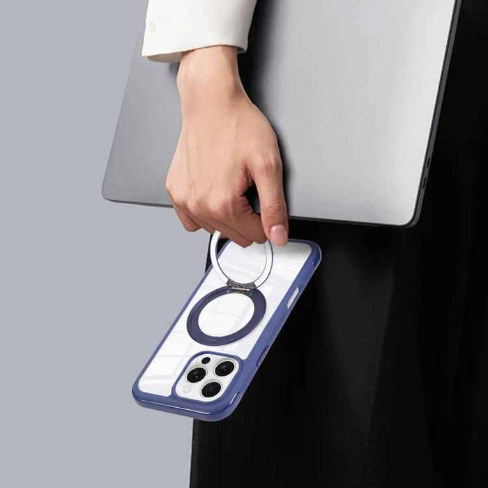 For iPhone 17 Pro Max Solid Color Edge Transparency Rotation Holder MagSafe Phone Case(Pink)