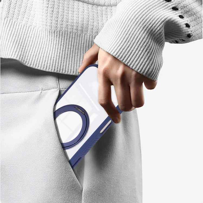 For iPhone 17 Pro Max Solid Color Edge Transparency Rotation Holder MagSafe Phone Case(Army Green)