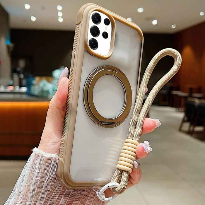 For Samsung Galaxy S25 Ultra / S24 Ultra 5G Solid Color Edge Transparency Rotation Holder MagSafe Phone Case with Wrist Strap(Brown)
