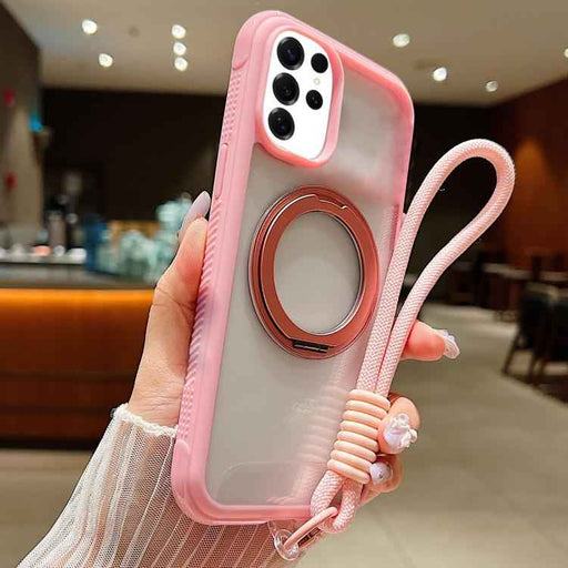 For Samsung Galaxy S25 Ultra / S24 Ultra 5G Solid Color Edge Transparency Rotation Holder MagSafe Phone Case with Wrist Strap(Pink)
