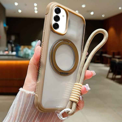 For Samsung Galaxy S25 / S24 5G Solid Color Edge Transparency Rotation Holder MagSafe Phone Case with Wrist Strap(Brown)