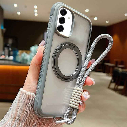 For Samsung Galaxy S25 / S24 5G Solid Color Edge Transparency Rotation Holder MagSafe Phone Case with Wrist Strap(Grey)