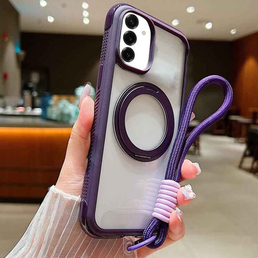 For Samsung Galaxy S25 / S24 5G Solid Color Edge Transparency Rotation Holder MagSafe Phone Case with Wrist Strap(Dark Purple)
